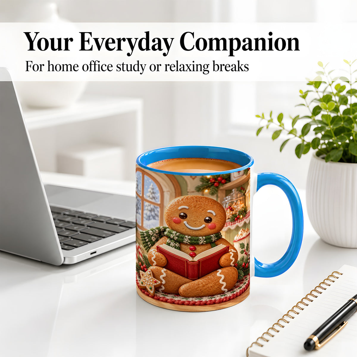 #pl[11oz|Blue] Gingerbread Reading Christmas Accent Ceramic Mug, Cozy Winter Art