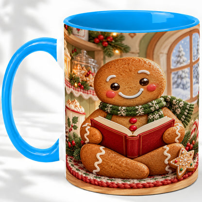 #pl[11oz|Blue] Gingerbread Reading Christmas Accent Ceramic Mug, Cozy Winter Art