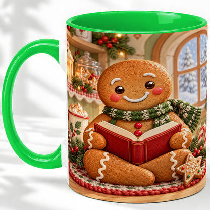 #pl[11oz|Green] Gingerbread Reading Christmas Accent Ceramic Mug, Cozy Winter Art