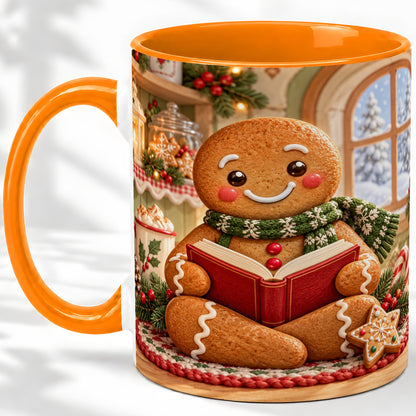 #pl[11oz|Orange] Gingerbread Reading Christmas Accent Ceramic Mug, Cozy Winter Art