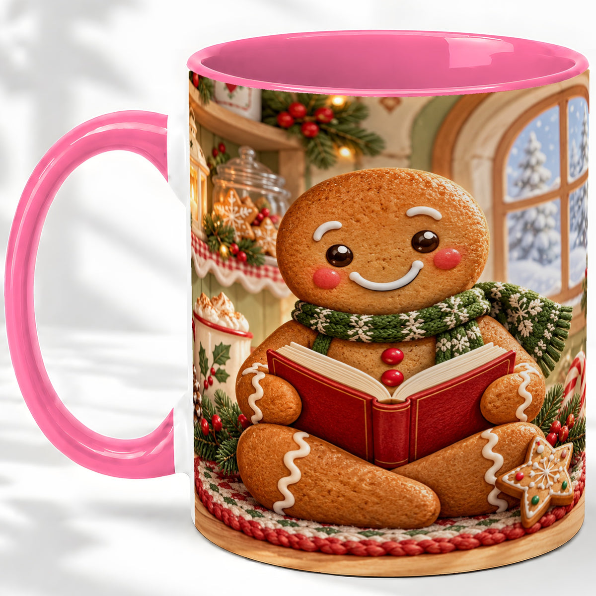 #pl[11oz|Pink] Gingerbread Reading Christmas Accent Ceramic Mug, Cozy Winter Art