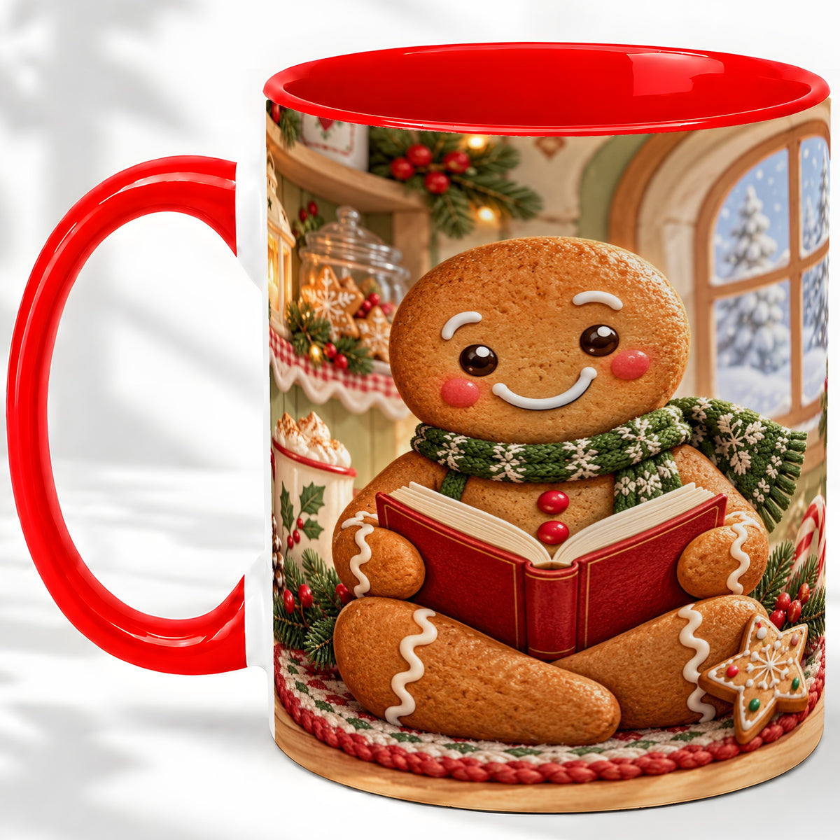 Gingerbread Reading Christmas Accent Ceramic Mug, Cozy Winter Art