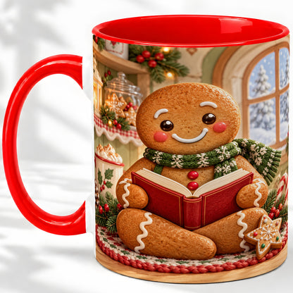 Gingerbread Reading Christmas Accent Ceramic Mug, Cozy Winter Art