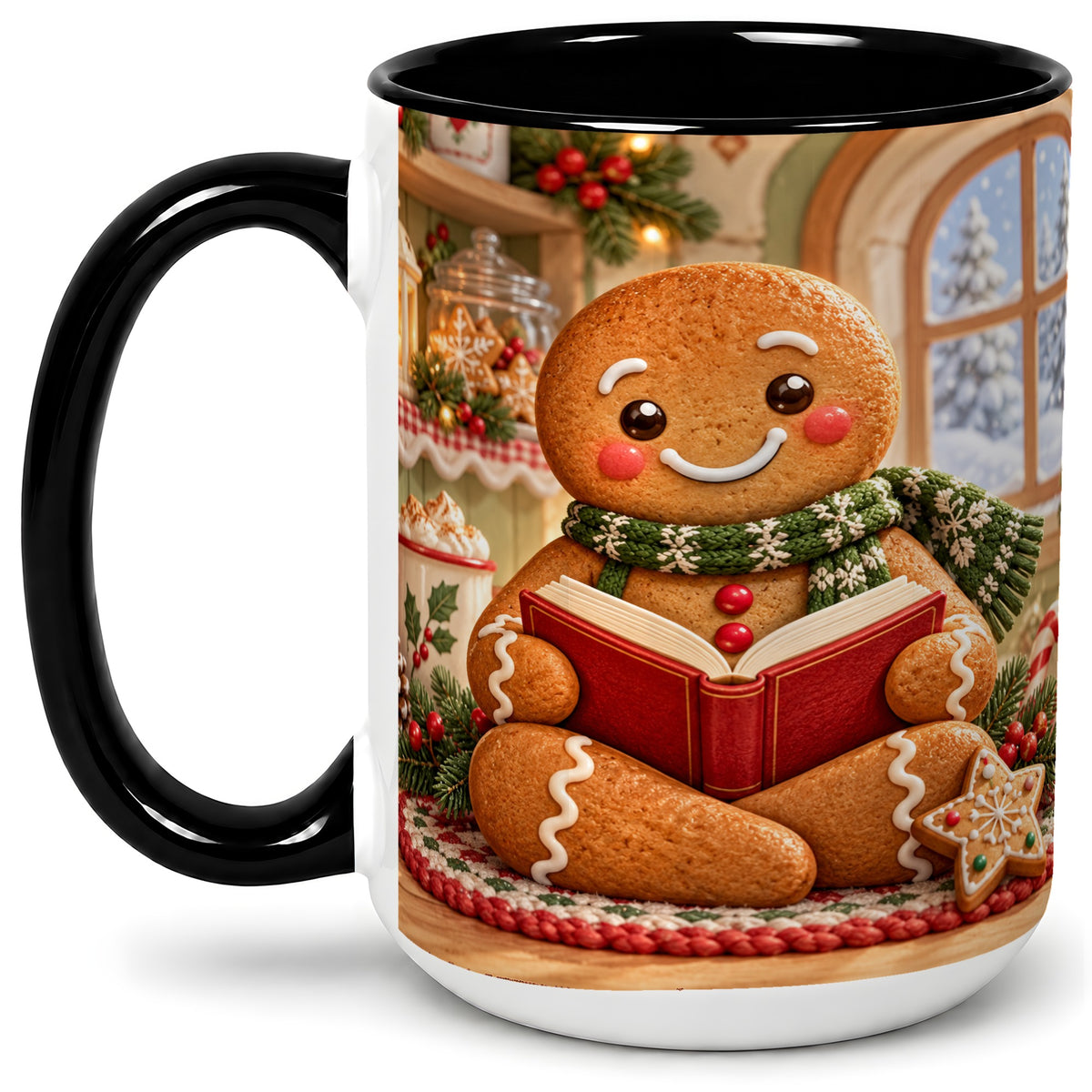 #pl[15oz|Black] Gingerbread Reading Christmas Accent Ceramic Mug, Cozy Winter Art