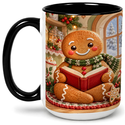 #pl[15oz|Black] Gingerbread Reading Christmas Accent Ceramic Mug, Cozy Winter Art