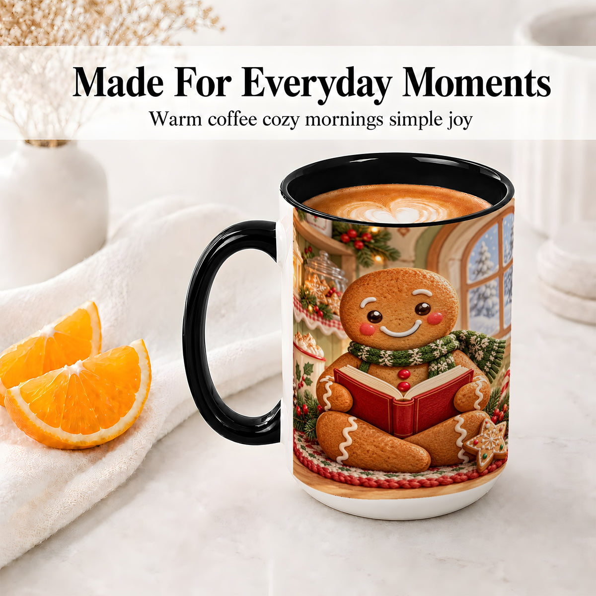 #pl[15oz|Black] Gingerbread Reading Christmas Accent Ceramic Mug, Cozy Winter Art