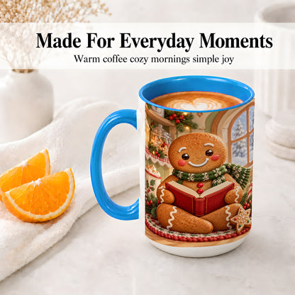 #pl[15oz|Blue] Gingerbread Reading Christmas Accent Ceramic Mug, Cozy Winter Art