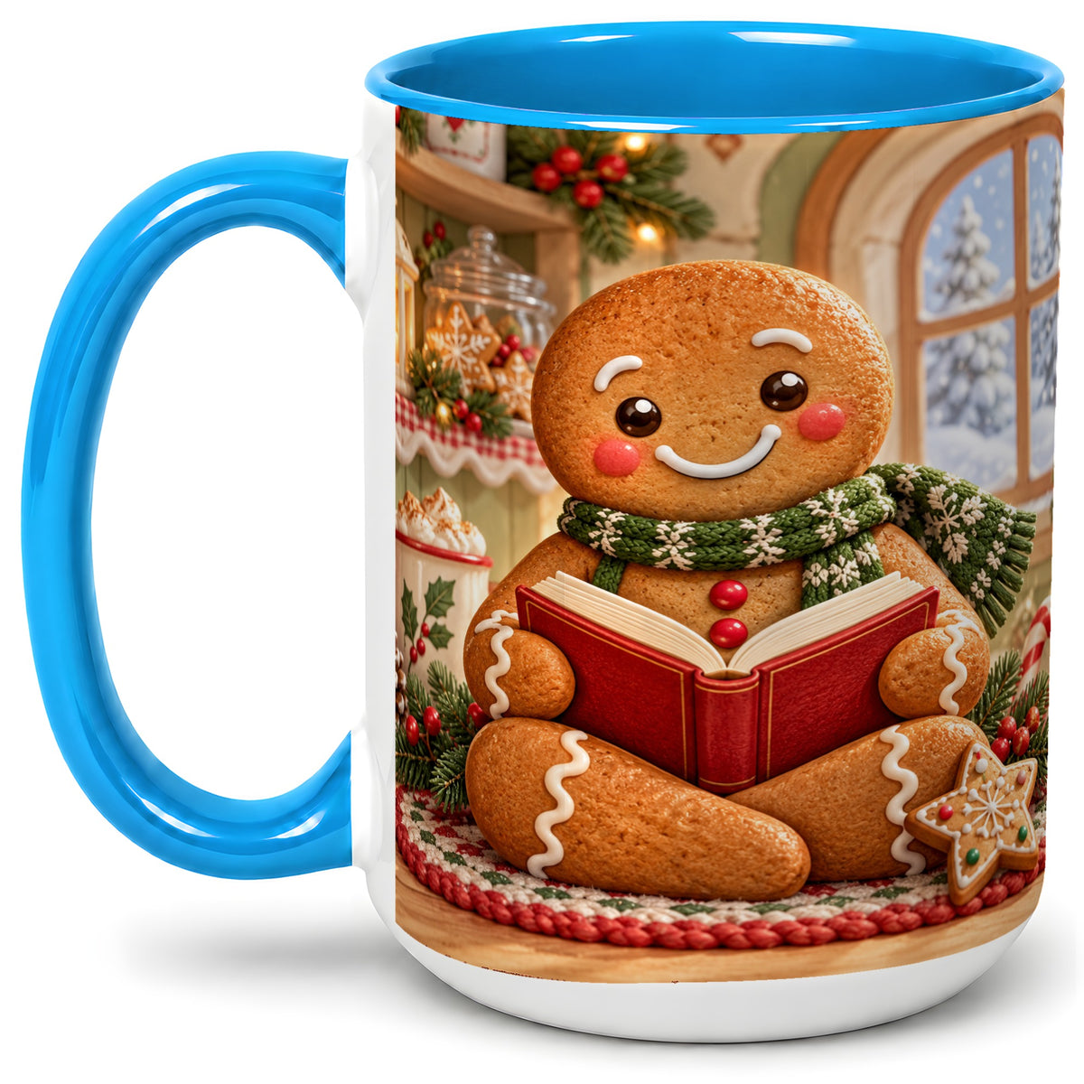 #pl[15oz|Blue] Gingerbread Reading Christmas Accent Ceramic Mug, Cozy Winter Art
