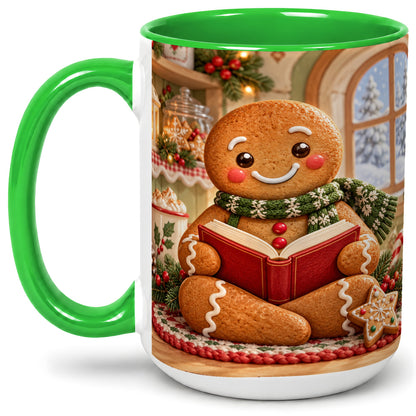 #pl[15oz|Green] Gingerbread Reading Christmas Accent Ceramic Mug, Cozy Winter Art