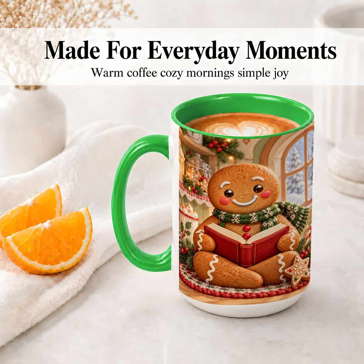 #pl[15oz|Green] Gingerbread Reading Christmas Accent Ceramic Mug, Cozy Winter Art