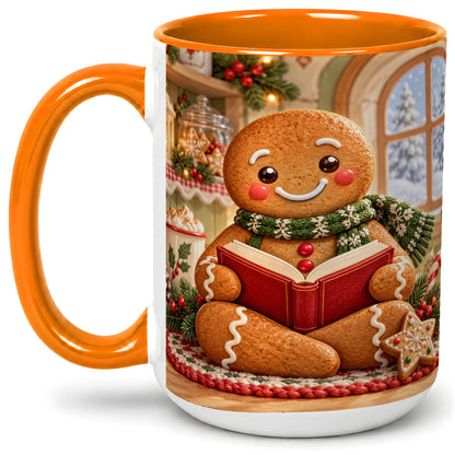 #pl[15oz|Orange] Gingerbread Reading Christmas Accent Ceramic Mug, Cozy Winter Art