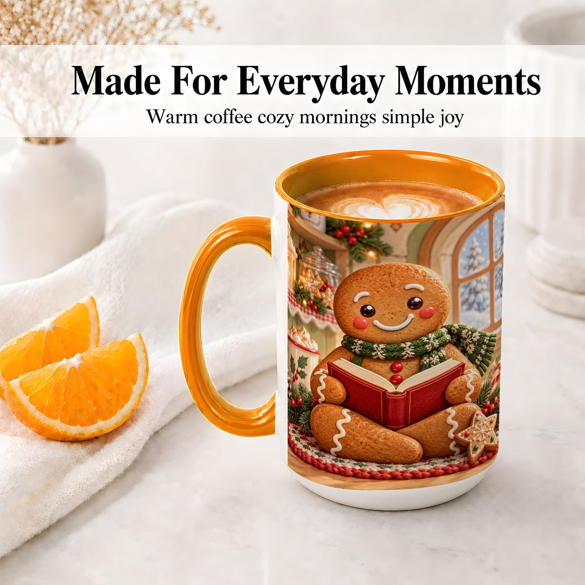 #pl[15oz|Orange] Gingerbread Reading Christmas Accent Ceramic Mug, Cozy Winter Art