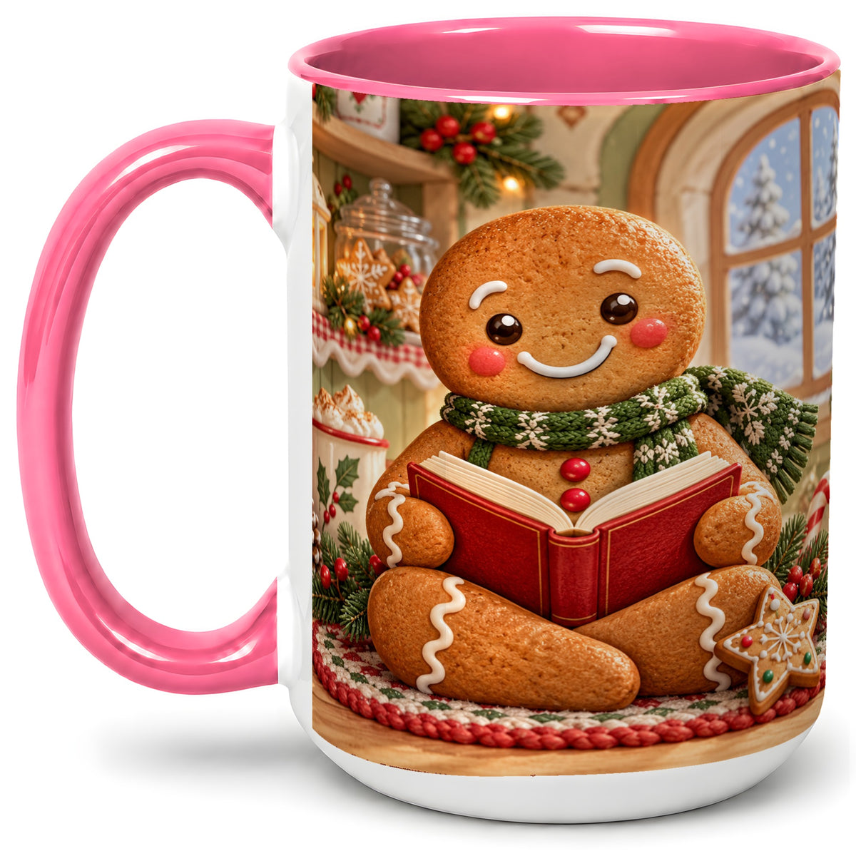 #pl[15oz|Pink] Gingerbread Reading Christmas Accent Ceramic Mug, Cozy Winter Art
