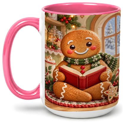 #pl[15oz|Pink] Gingerbread Reading Christmas Accent Ceramic Mug, Cozy Winter Art