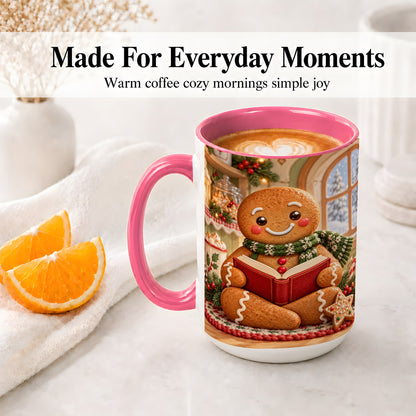 #pl[15oz|Pink] Gingerbread Reading Christmas Accent Ceramic Mug, Cozy Winter Art