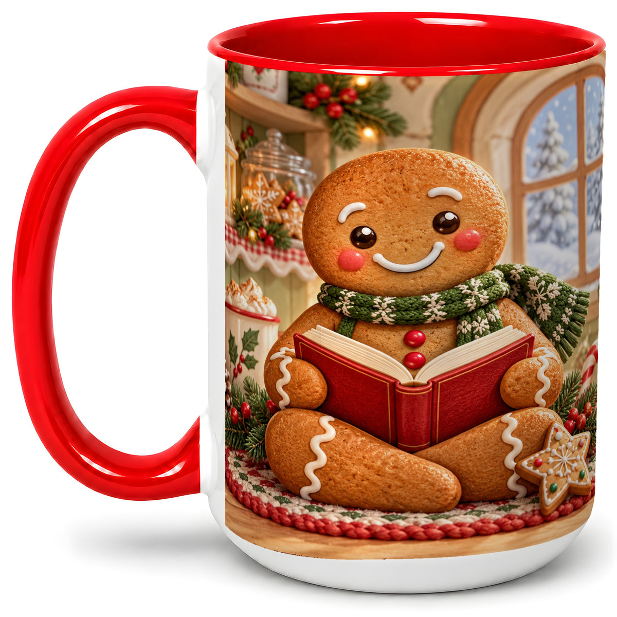 #pl[15oz|Red] Gingerbread Reading Christmas Accent Ceramic Mug, Cozy Winter Art