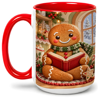 #pl[15oz|Red] Gingerbread Reading Christmas Accent Ceramic Mug, Cozy Winter Art