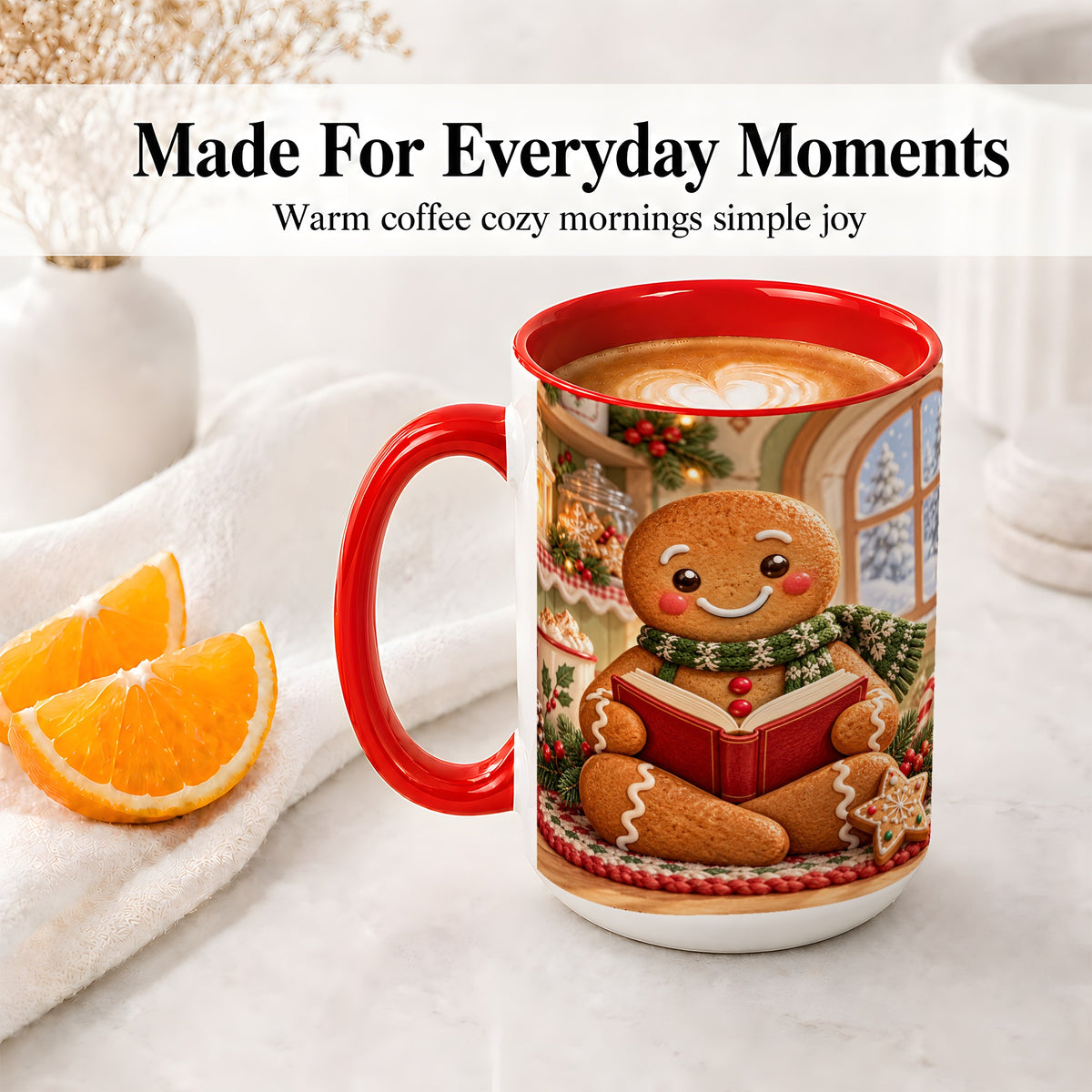 #pl[15oz|Red] Gingerbread Reading Christmas Accent Ceramic Mug, Cozy Winter Art