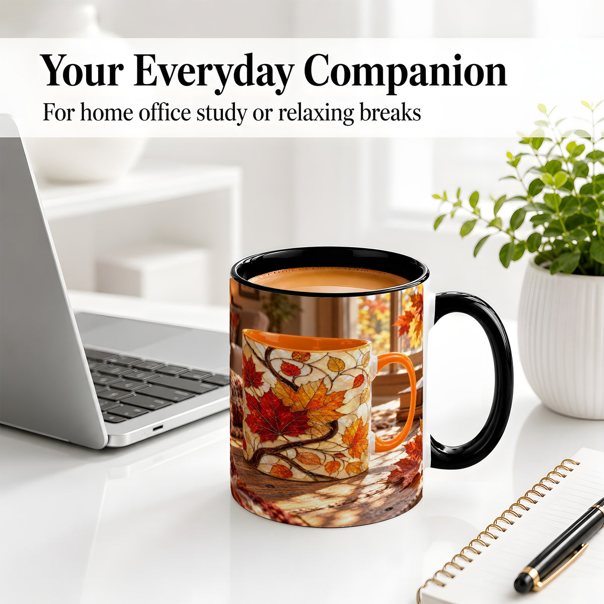#pl[11oz|Black] Autumn Maple Leaf Accent Ceramic Mug, Stained Glass Effect
