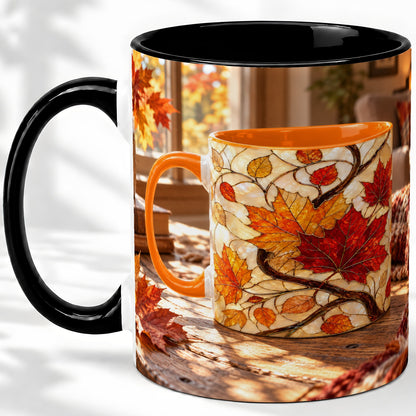#pl[11oz|Black] Autumn Maple Leaf Accent Ceramic Mug, Stained Glass Effect