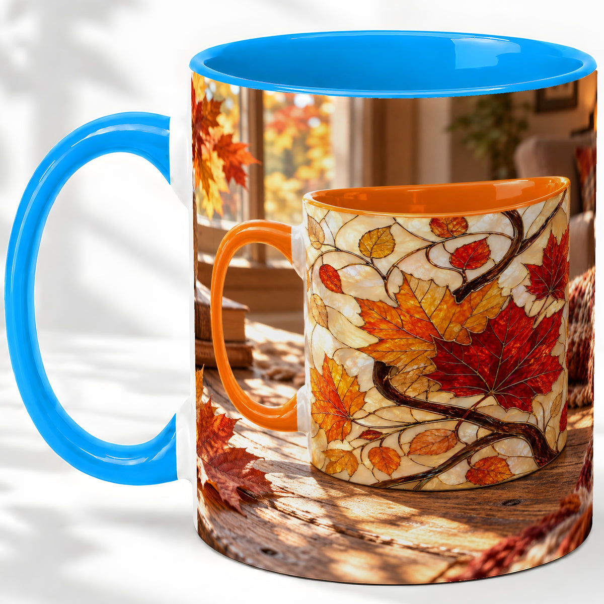 #pl[11oz|Blue] Autumn Maple Leaf Accent Ceramic Mug, Stained Glass Effect