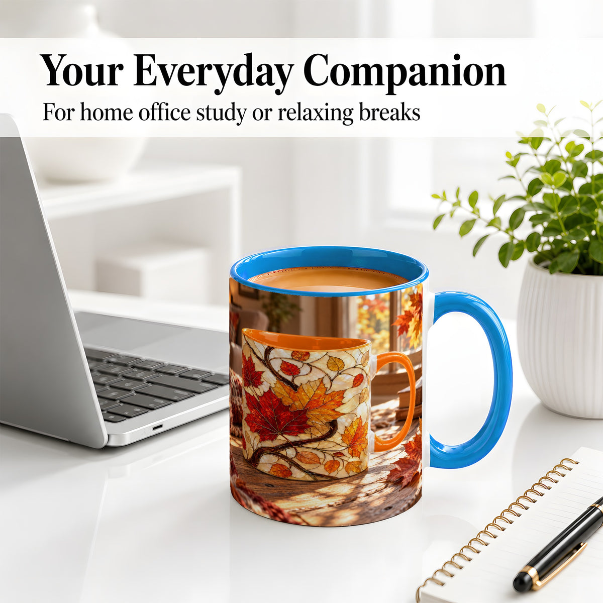 #pl[11oz|Blue] Autumn Maple Leaf Accent Ceramic Mug, Stained Glass Effect