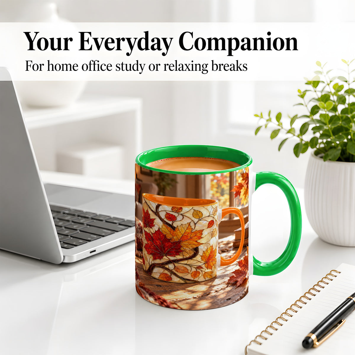 #pl[11oz|Green] Autumn Maple Leaf Accent Ceramic Mug, Stained Glass Effect