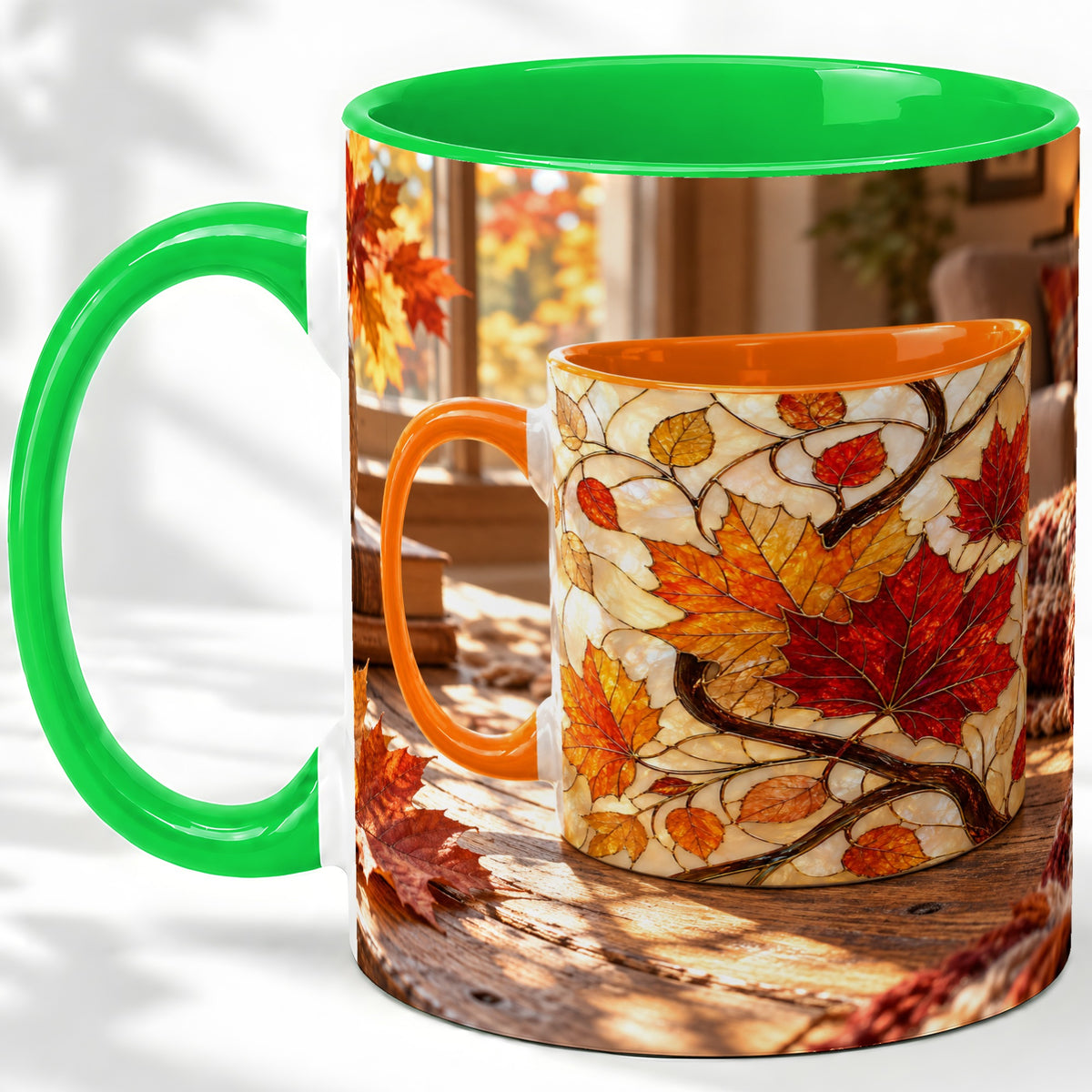 #pl[11oz|Green] Autumn Maple Leaf Accent Ceramic Mug, Stained Glass Effect