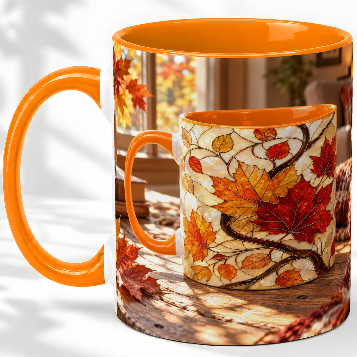 #pl[11oz|Orange] Autumn Maple Leaf Accent Ceramic Mug, Stained Glass Effect
