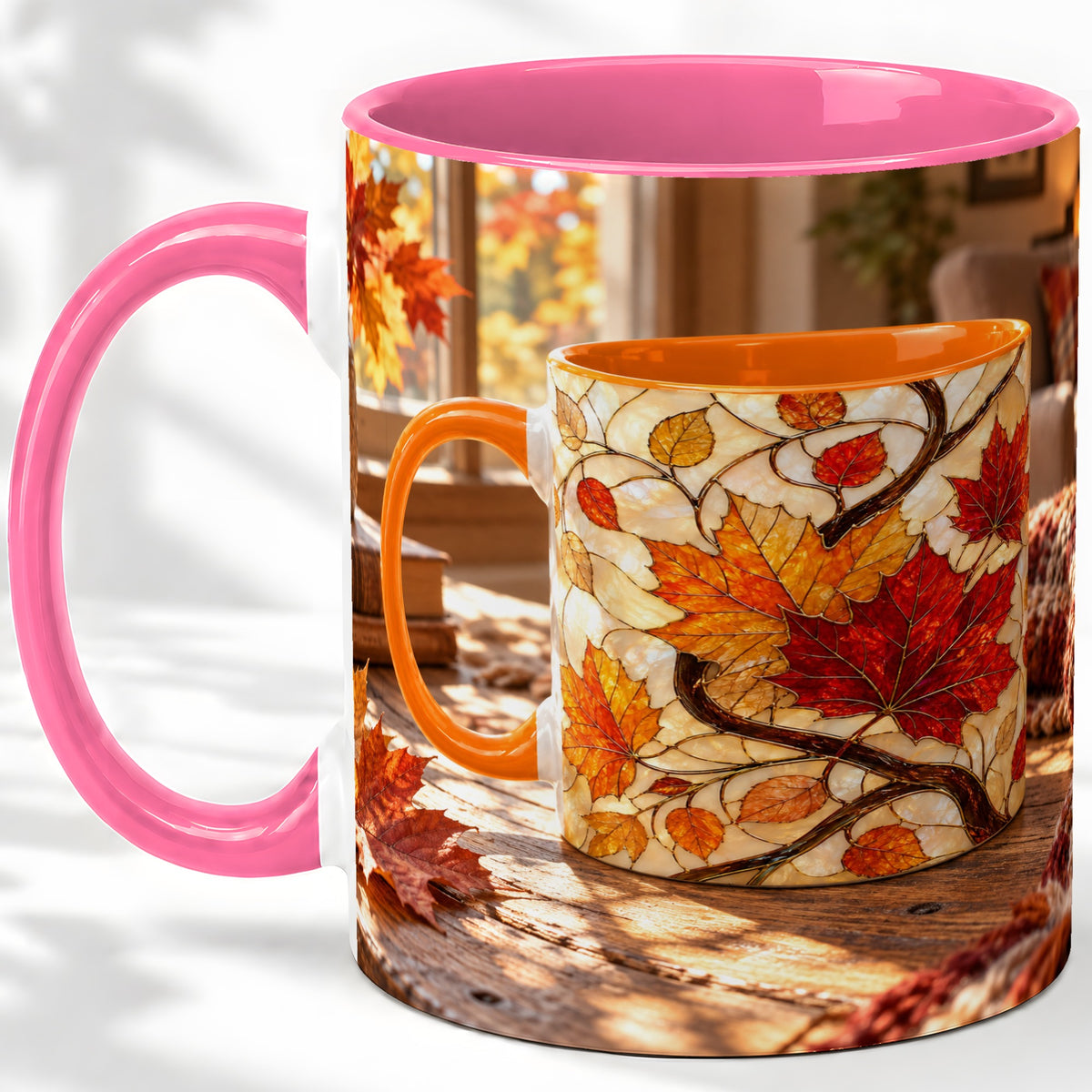 #pl[11oz|Pink] Autumn Maple Leaf Accent Ceramic Mug, Stained Glass Effect