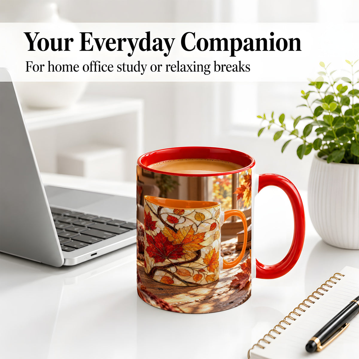#pl[11oz|Red] Autumn Maple Leaf Accent Ceramic Mug, Stained Glass Effect