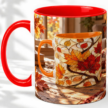 Autumn Maple Leaf Accent Ceramic Mug, Stained Glass Effect