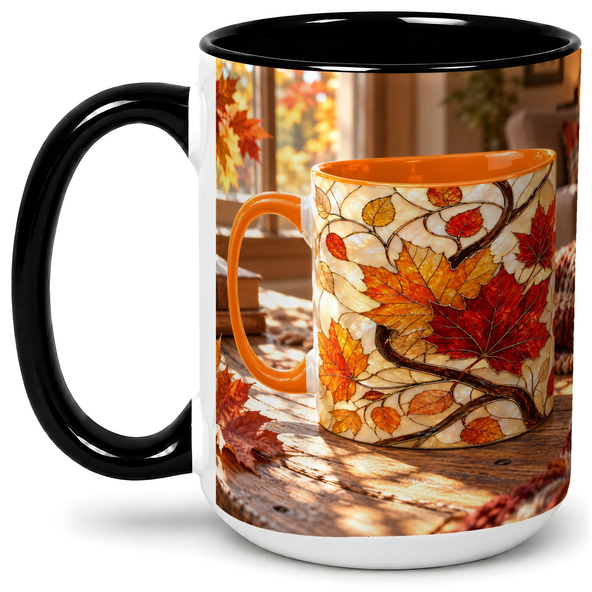 #pl[15oz|Black] Autumn Maple Leaf Accent Ceramic Mug, Stained Glass Effect