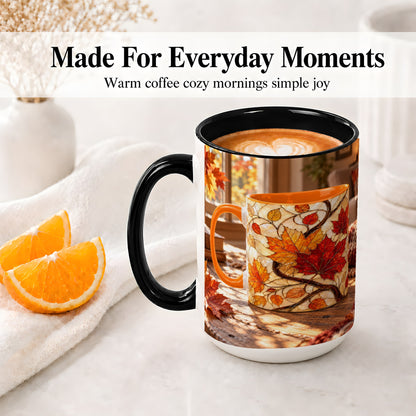 #pl[15oz|Black] Autumn Maple Leaf Accent Ceramic Mug, Stained Glass Effect