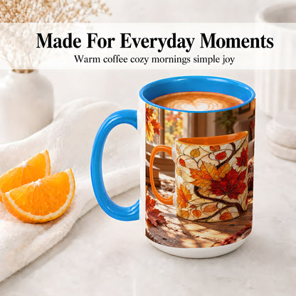 #pl[15oz|Blue] Autumn Maple Leaf Accent Ceramic Mug, Stained Glass Effect