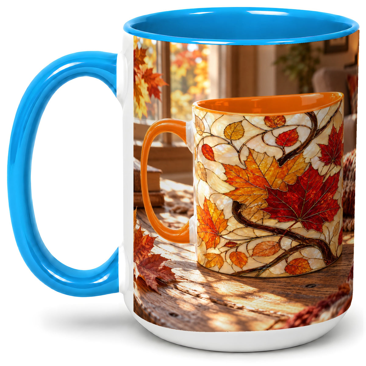 #pl[15oz|Blue] Autumn Maple Leaf Accent Ceramic Mug, Stained Glass Effect