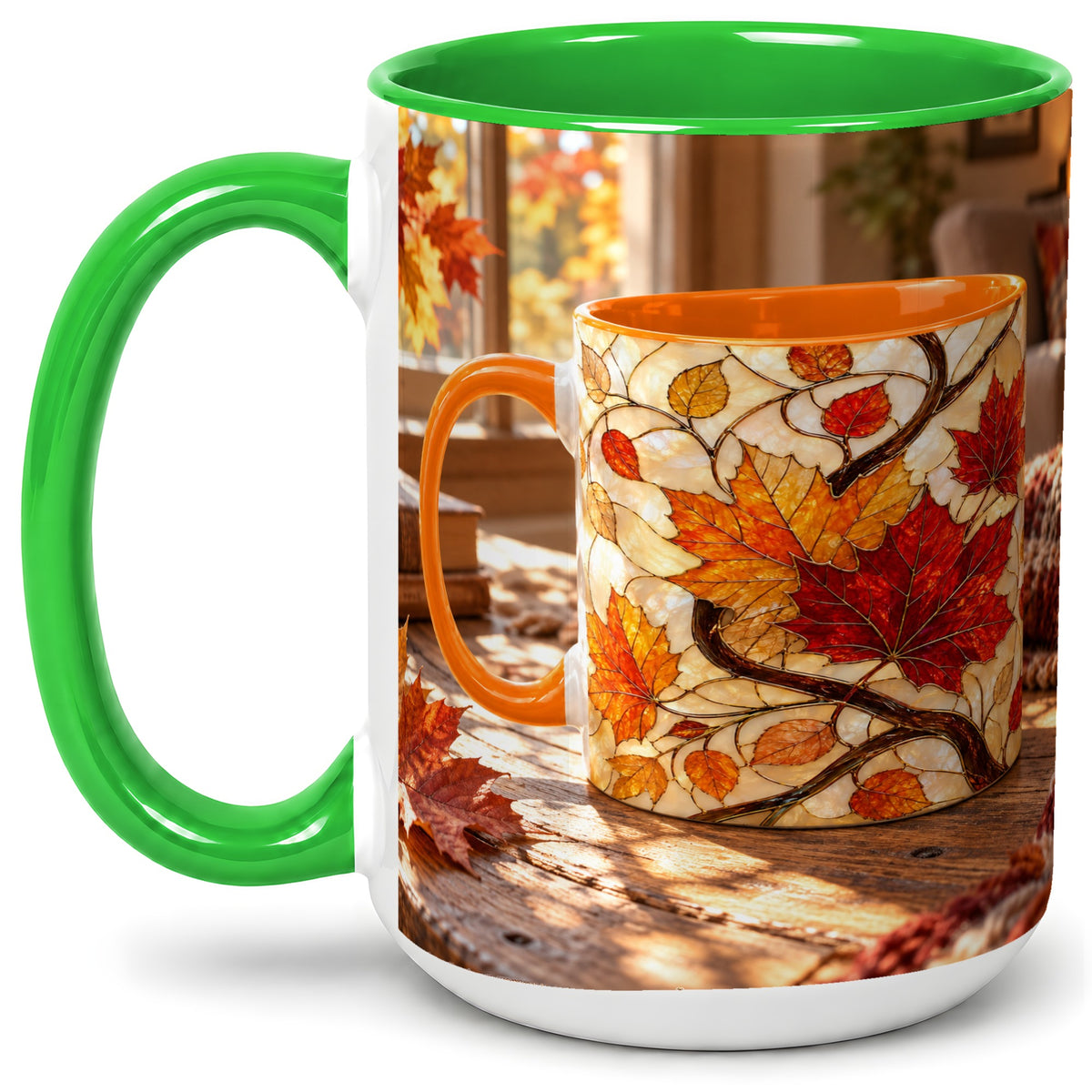 #pl[15oz|Green] Autumn Maple Leaf Accent Ceramic Mug, Stained Glass Effect