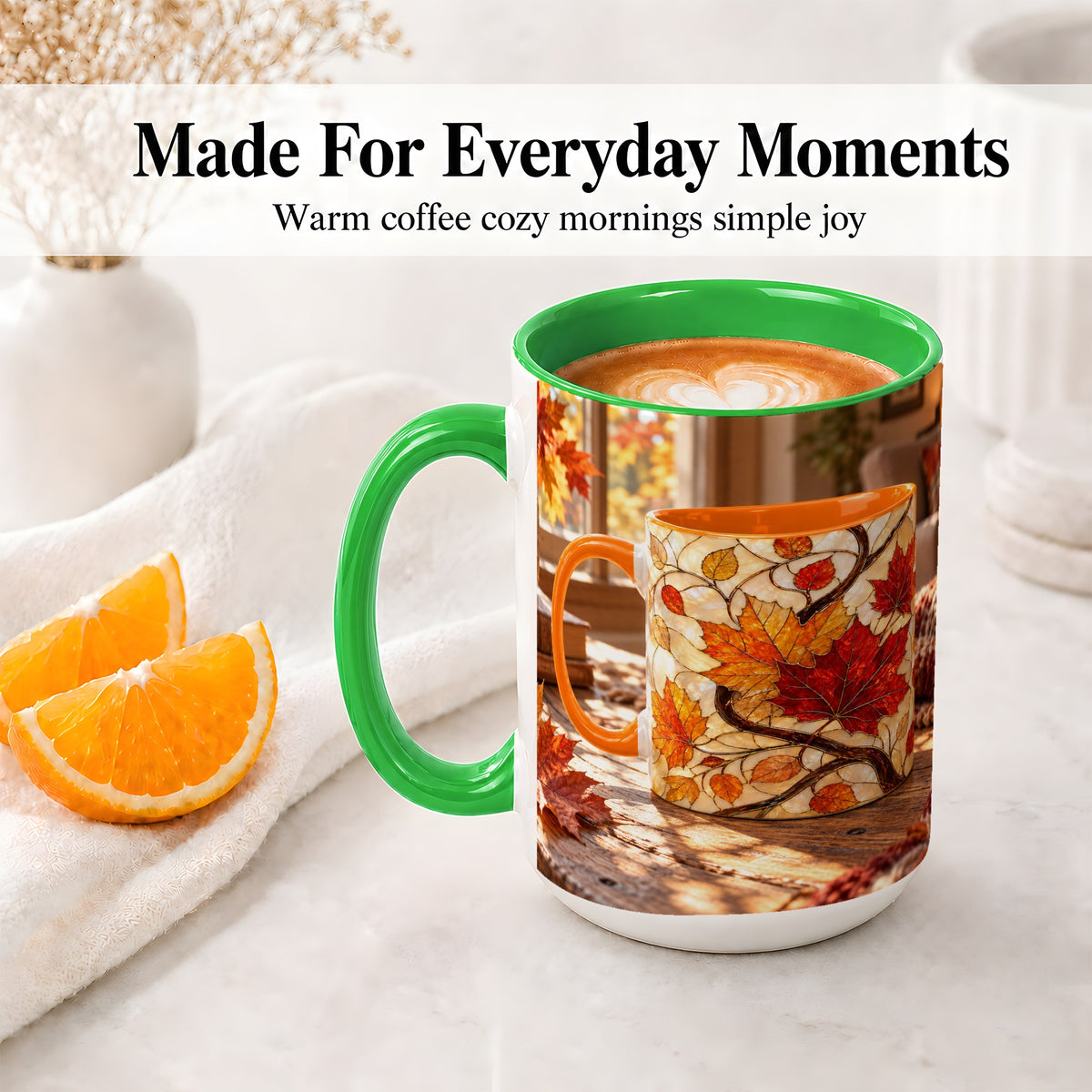 #pl[15oz|Green] Autumn Maple Leaf Accent Ceramic Mug, Stained Glass Effect