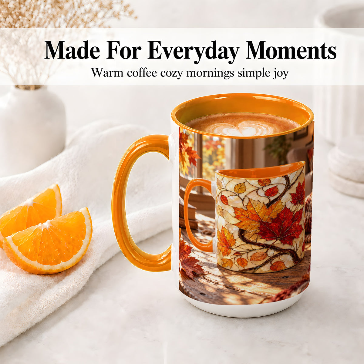 #pl[15oz|Orange] Autumn Maple Leaf Accent Ceramic Mug, Stained Glass Effect