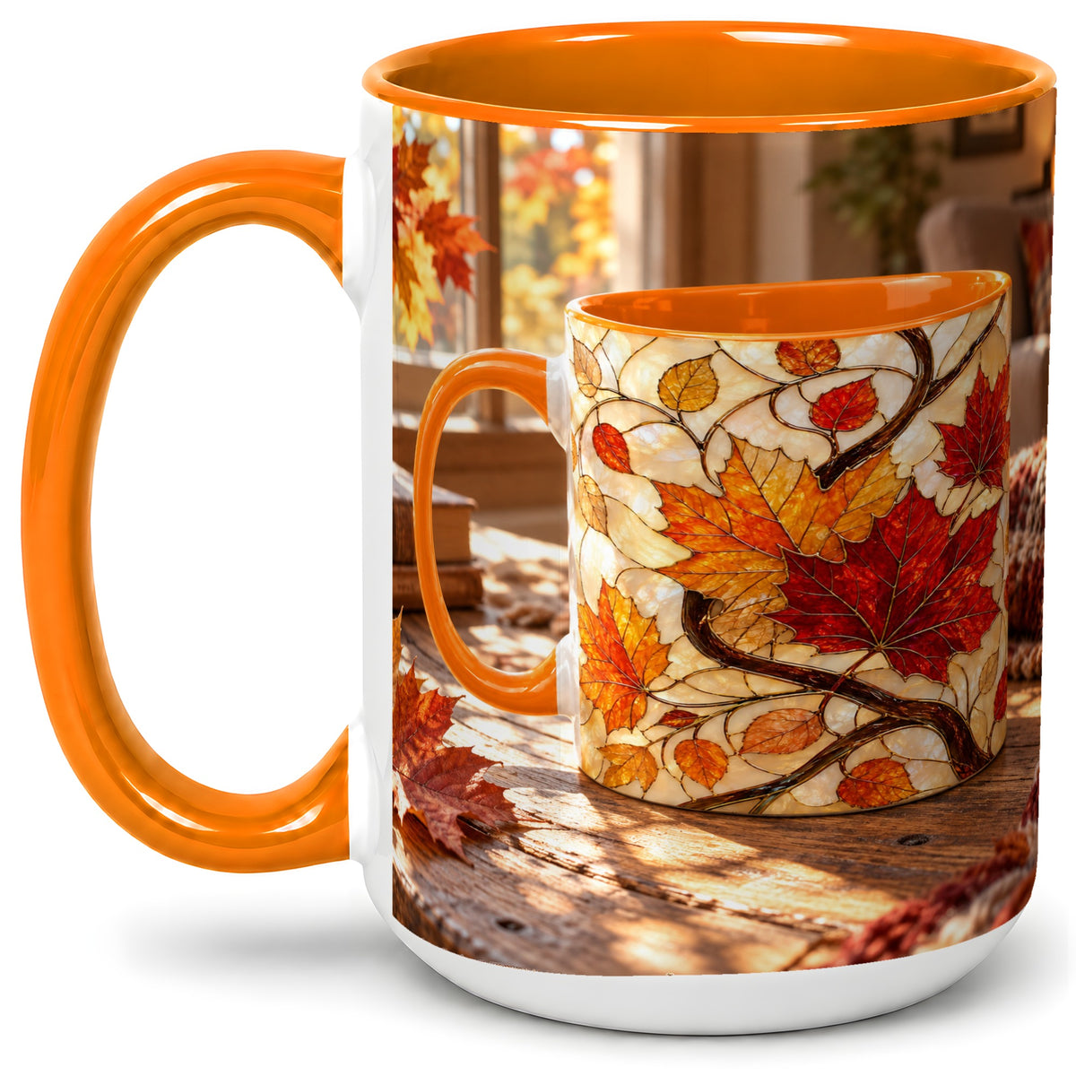 #pl[15oz|Orange] Autumn Maple Leaf Accent Ceramic Mug, Stained Glass Effect
