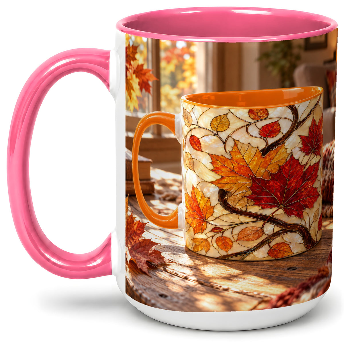 #pl[15oz|Pink] Autumn Maple Leaf Accent Ceramic Mug, Stained Glass Effect