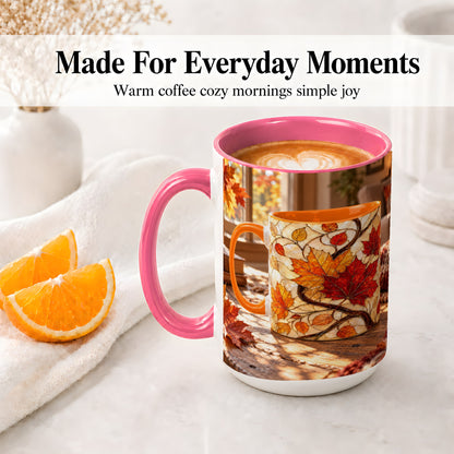 #pl[15oz|Pink] Autumn Maple Leaf Accent Ceramic Mug, Stained Glass Effect