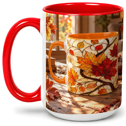 #pl[15oz|Red] Autumn Maple Leaf Accent Ceramic Mug, Stained Glass Effect