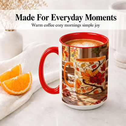 #pl[15oz|Red] Autumn Maple Leaf Accent Ceramic Mug, Stained Glass Effect
