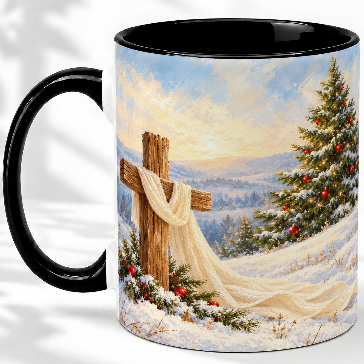 #pl[11oz|Black] Christmas Cross Accent Ceramic Mug, Winter Landscape