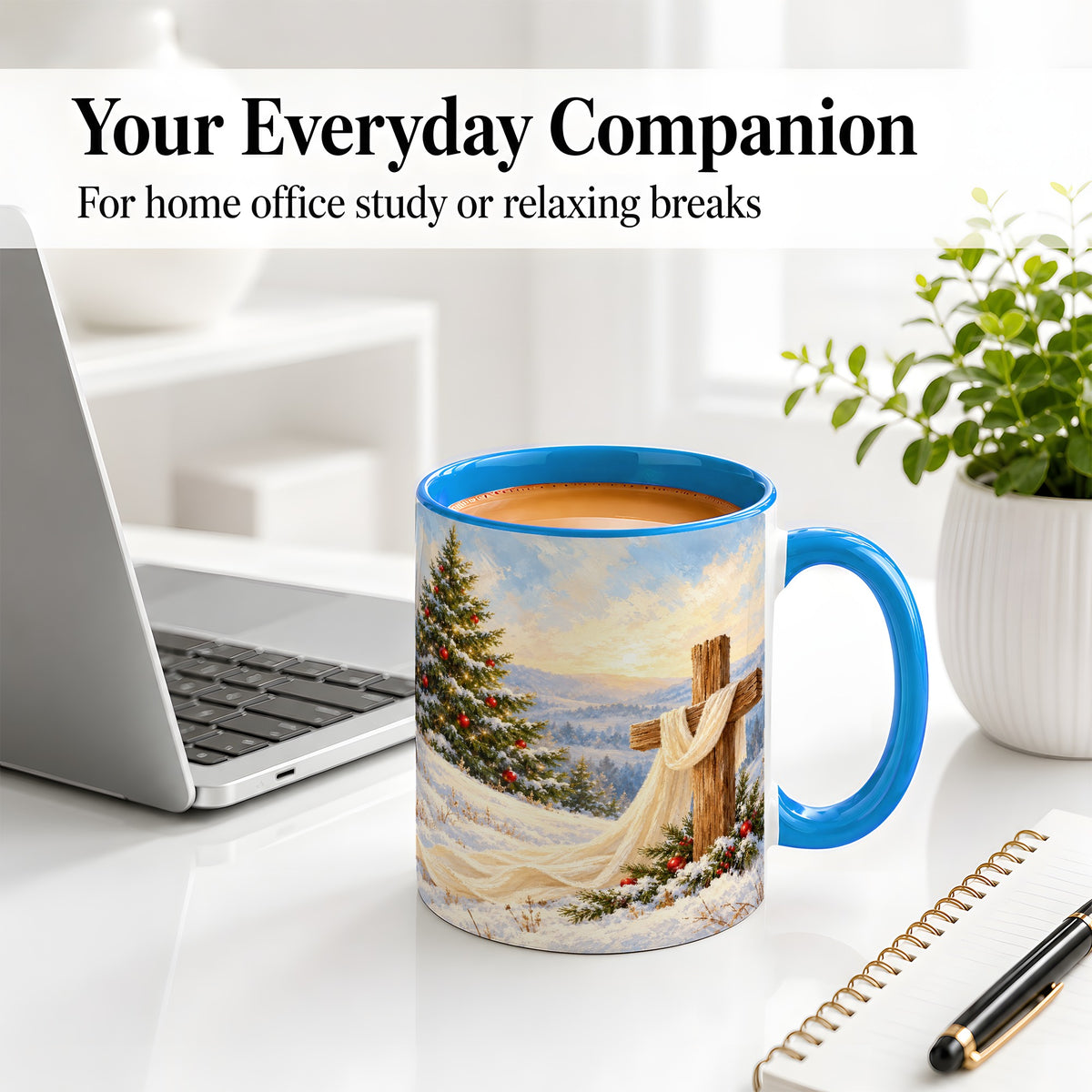 #pl[11oz|Blue] Christmas Cross Accent Ceramic Mug, Winter Landscape