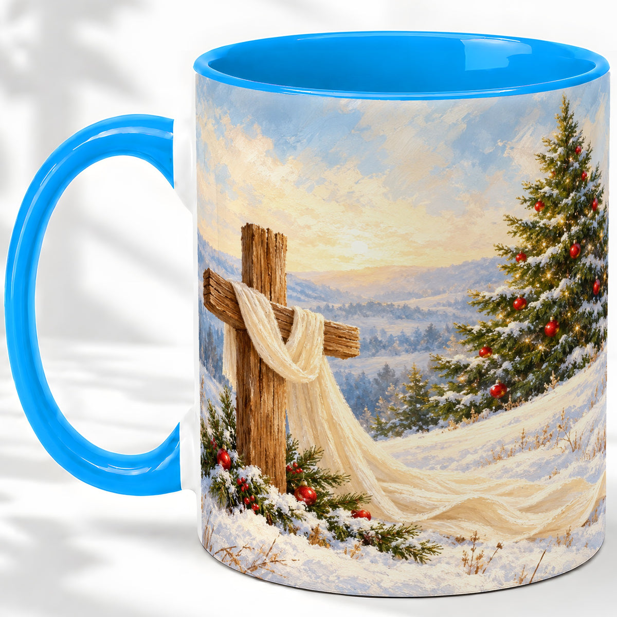 #pl[11oz|Blue] Christmas Cross Accent Ceramic Mug, Winter Landscape