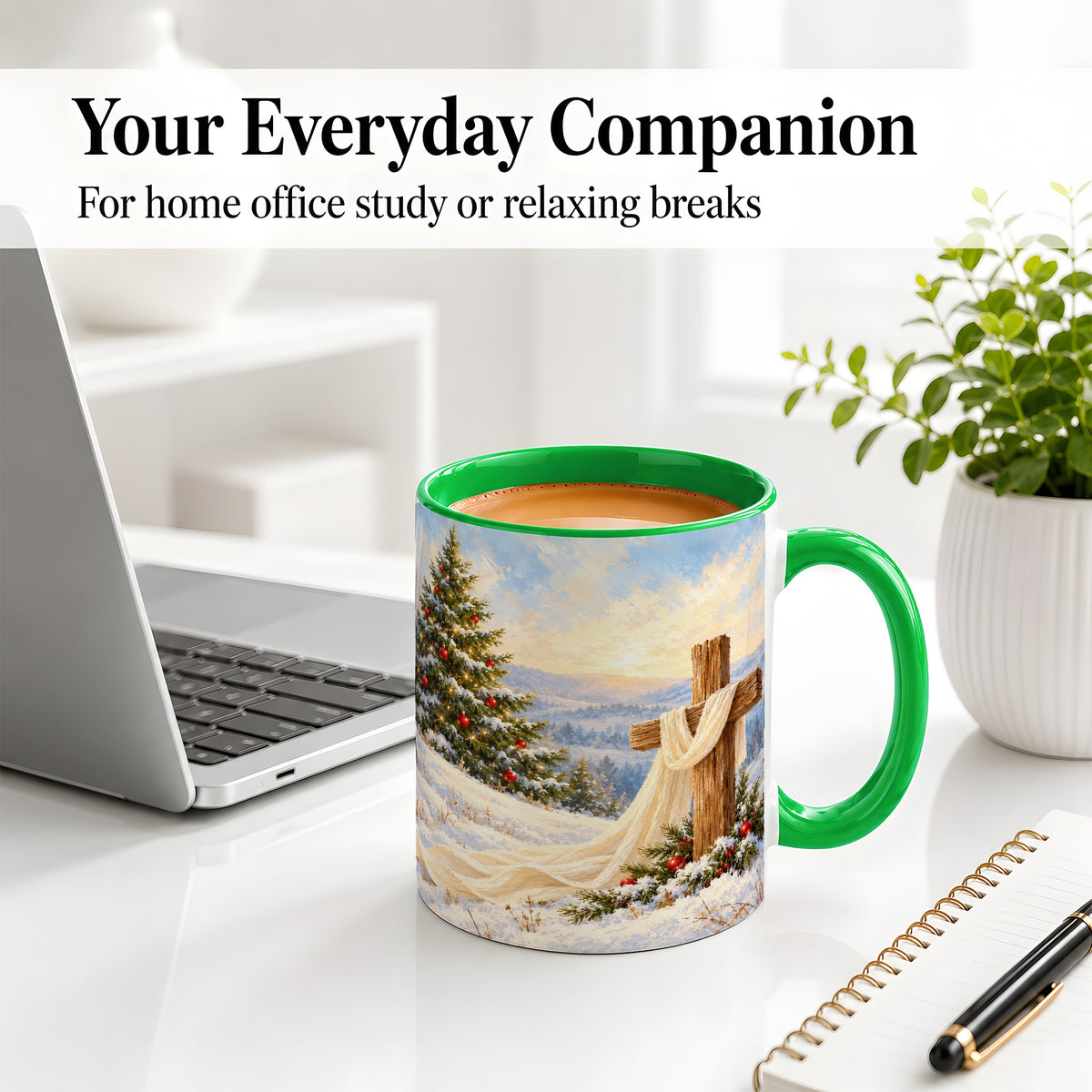 #pl[11oz|Green] Christmas Cross Accent Ceramic Mug, Winter Landscape