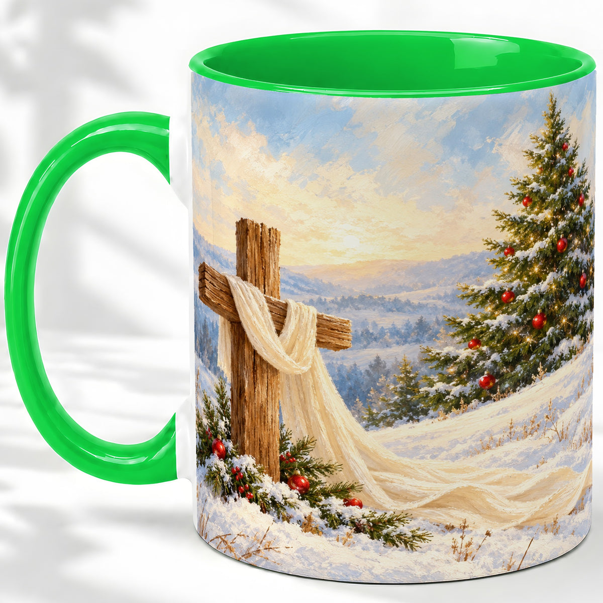 #pl[11oz|Green] Christmas Cross Accent Ceramic Mug, Winter Landscape