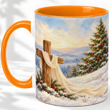 #pl[11oz|Orange] Christmas Cross Accent Ceramic Mug, Winter Landscape